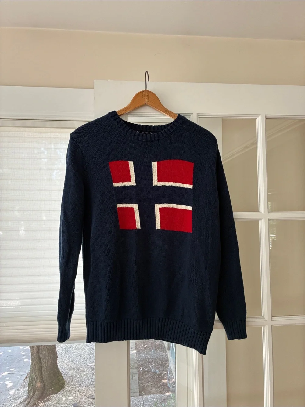 Brandy Melville Navy Crewneck Sweater with Red and White Flag Motif